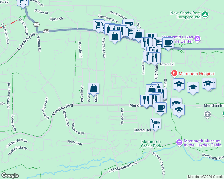 map of restaurants, bars, coffee shops, grocery stores, and more near 380 Chaparral Rd in Mammoth Lakes