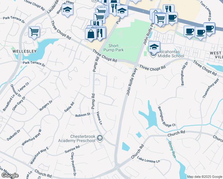 map of restaurants, bars, coffee shops, grocery stores, and more near 11717 Aprilbud Drive in Richmond