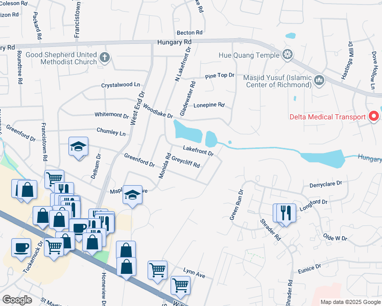 map of restaurants, bars, coffee shops, grocery stores, and more near 8711 Lakefront Drive in Richmond