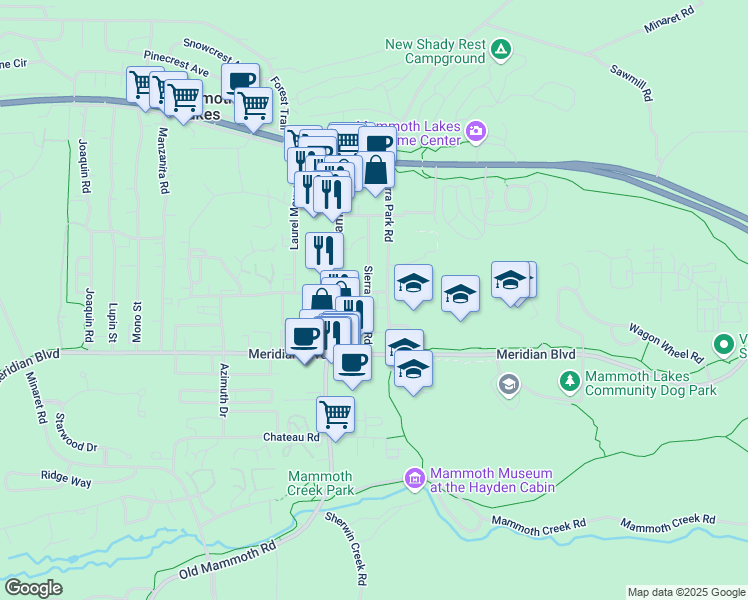 map of restaurants, bars, coffee shops, grocery stores, and more near 141 Sierra Manor Road in Mammoth Lakes