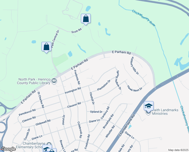 map of restaurants, bars, coffee shops, grocery stores, and more near 8505 Ironington Court in Richmond