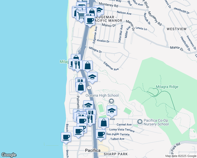 map of restaurants, bars, coffee shops, grocery stores, and more near 903 Oceana Boulevard in Pacifica