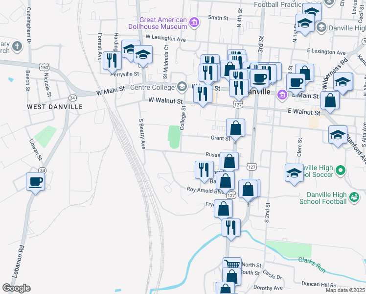 map of restaurants, bars, coffee shops, grocery stores, and more near 366 College Street in Danville