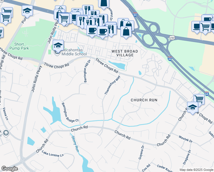 map of restaurants, bars, coffee shops, grocery stores, and more near 3840 Thamesford Way in Richmond