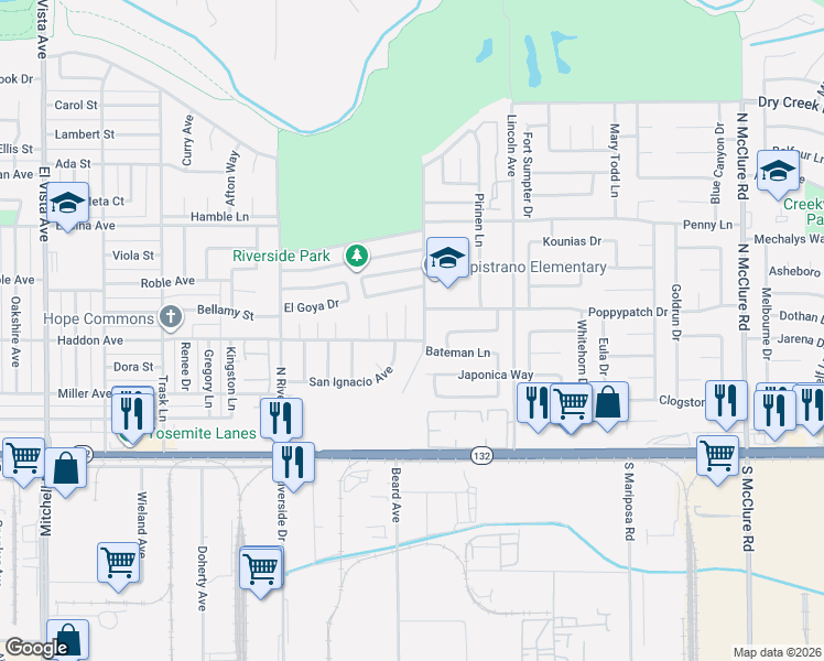map of restaurants, bars, coffee shops, grocery stores, and more near 321 De Vega Court in Modesto