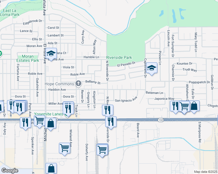 map of restaurants, bars, coffee shops, grocery stores, and more near 2600 El Goya Drive in Modesto
