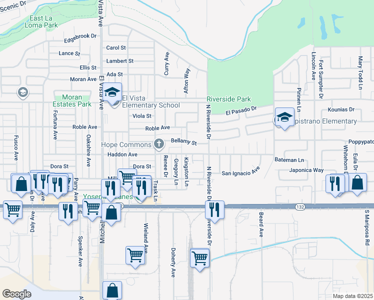 map of restaurants, bars, coffee shops, grocery stores, and more near 2517 Bellamy Street in Modesto