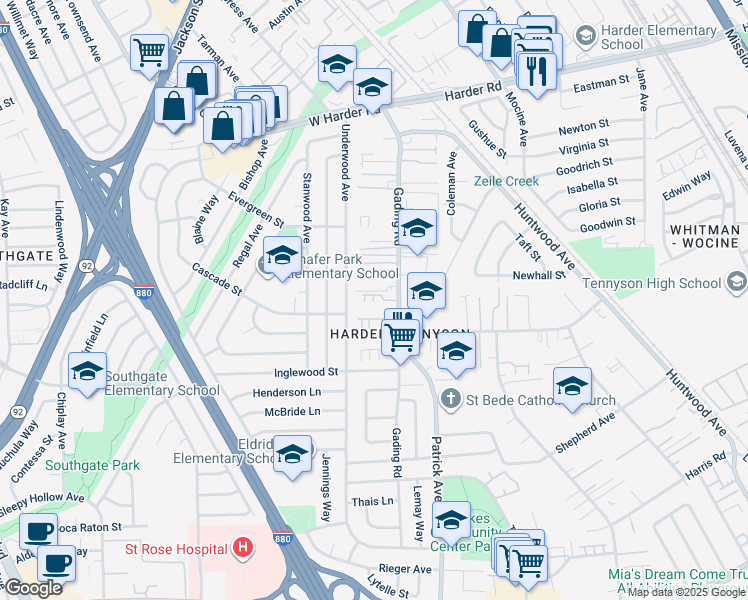 map of restaurants, bars, coffee shops, grocery stores, and more near 26447 Gading Road in Hayward