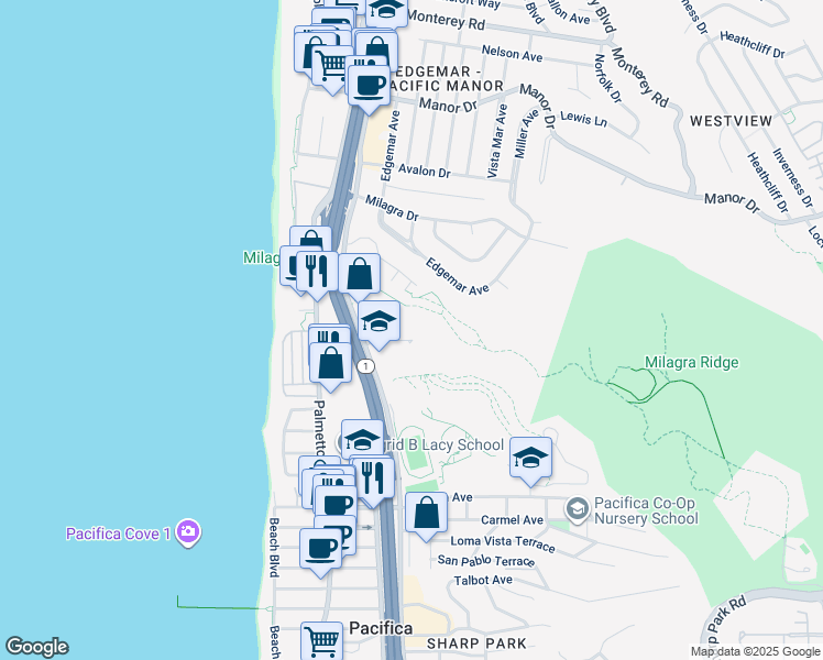 map of restaurants, bars, coffee shops, grocery stores, and more near 903 Oceana Boulevard in Pacifica