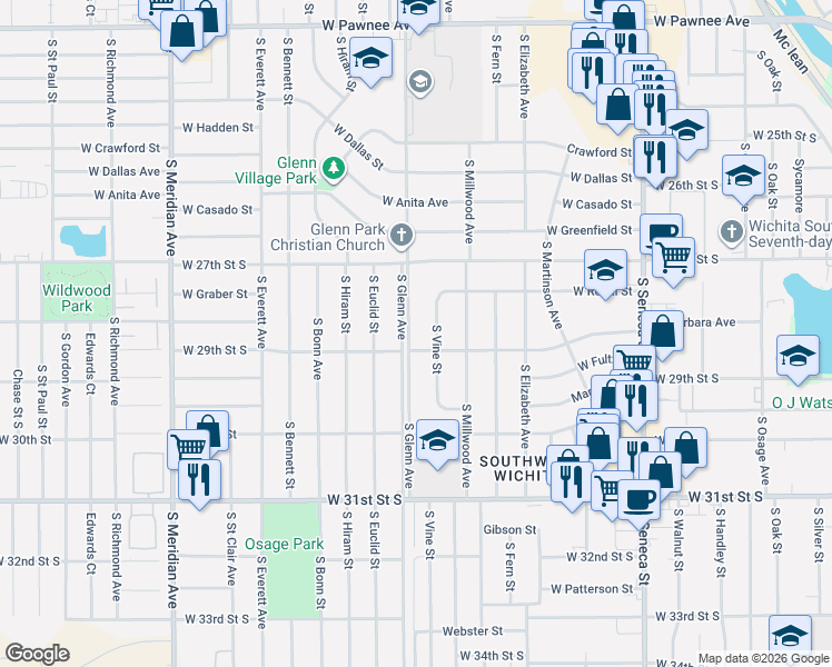 map of restaurants, bars, coffee shops, grocery stores, and more near 2915 South Glenn Avenue in Wichita