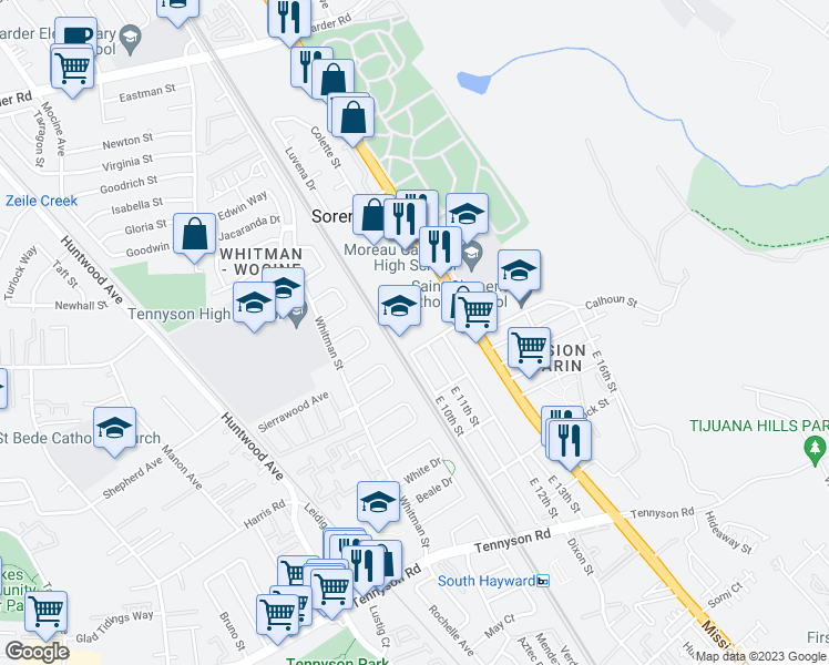 map of restaurants, bars, coffee shops, grocery stores, and more near 558 Jefferson Street in Hayward