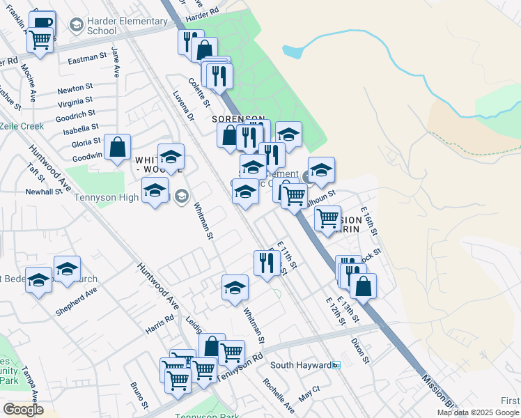 map of restaurants, bars, coffee shops, grocery stores, and more near 574 Jefferson Street in Hayward