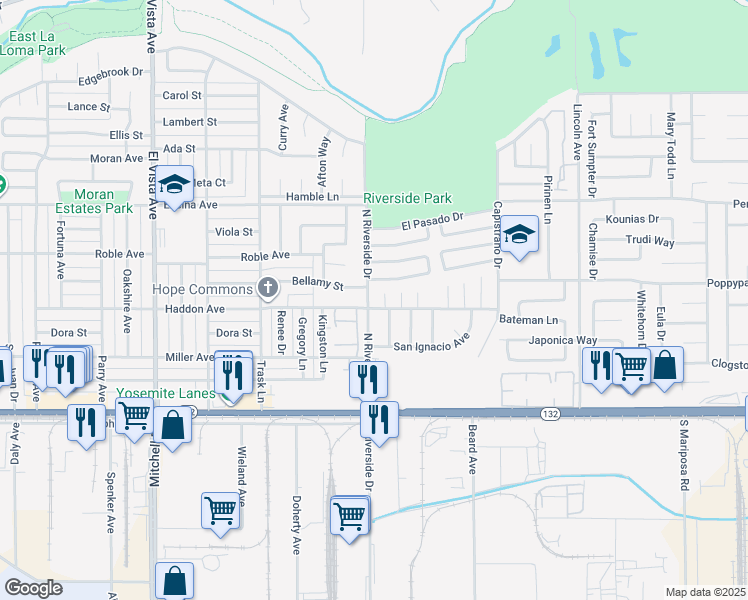 map of restaurants, bars, coffee shops, grocery stores, and more near 2600 El Goya Drive in Modesto