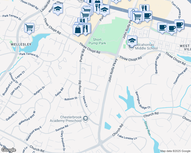 map of restaurants, bars, coffee shops, grocery stores, and more near 11717 Aprilbud Drive in Richmond