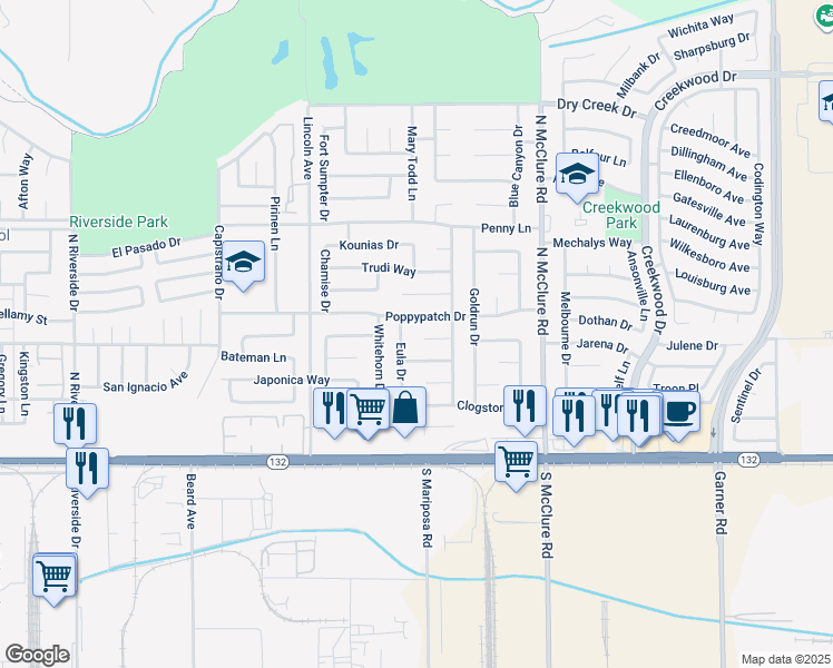 map of restaurants, bars, coffee shops, grocery stores, and more near 3201 Cato Court in Modesto