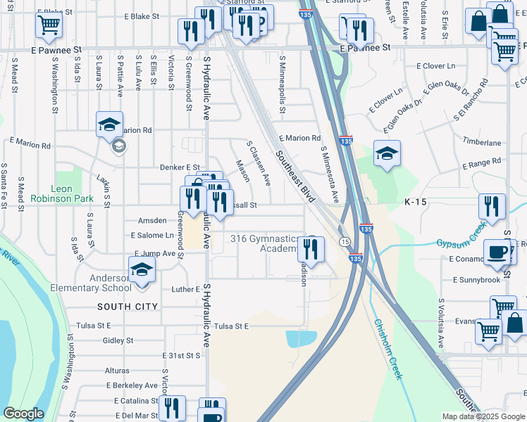 map of restaurants, bars, coffee shops, grocery stores, and more near 2021 East Wassall Street in Wichita