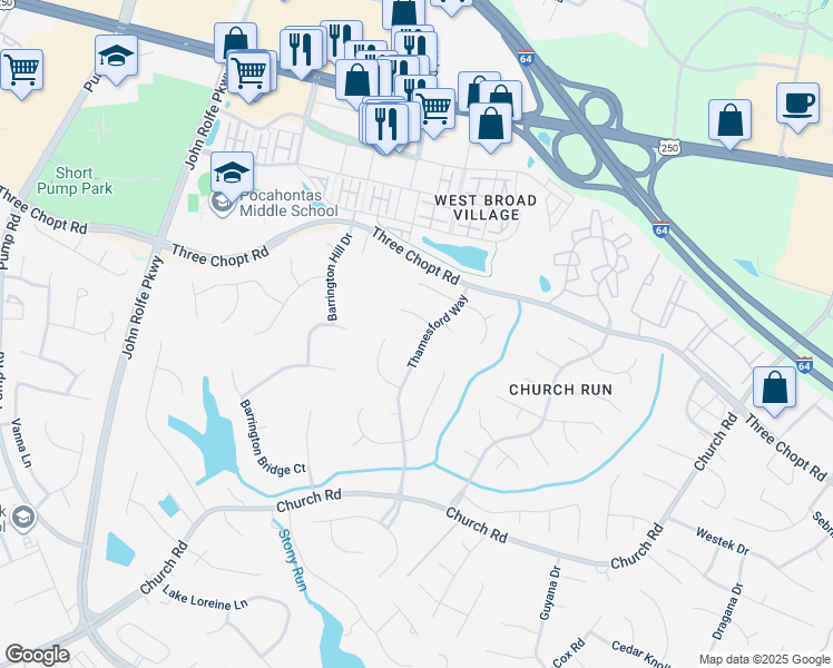 map of restaurants, bars, coffee shops, grocery stores, and more near 3840 Thamesford Way in Richmond