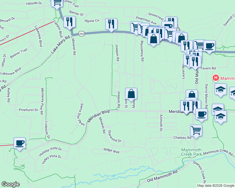 map of restaurants, bars, coffee shops, grocery stores, and more near 378-384 Joaquin Road in Mammoth Lakes