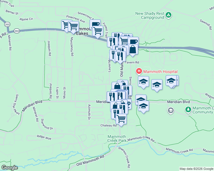 map of restaurants, bars, coffee shops, grocery stores, and more near 274-280 Laurel Mountain Rd in Mammoth Lakes