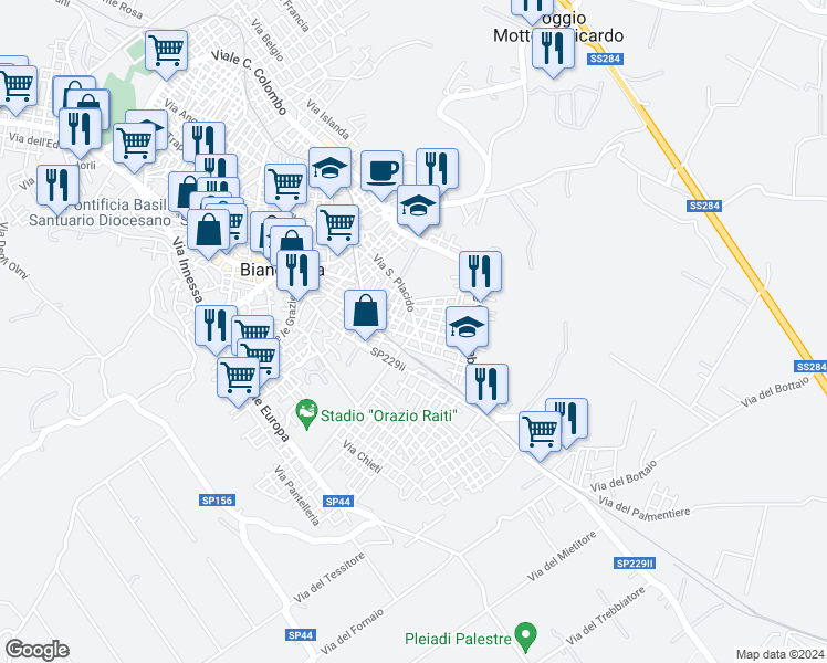 map of restaurants, bars, coffee shops, grocery stores, and more near 130 Via Poggio Rosso in Biancavilla
