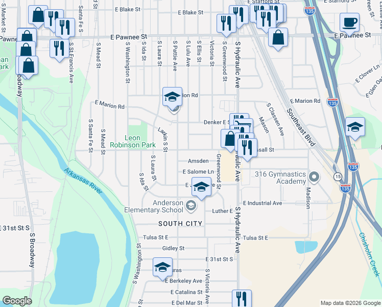 map of restaurants, bars, coffee shops, grocery stores, and more near 2753 South Lulu Street in Wichita