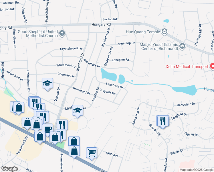 map of restaurants, bars, coffee shops, grocery stores, and more near 8715 Lakefront Drive in Richmond