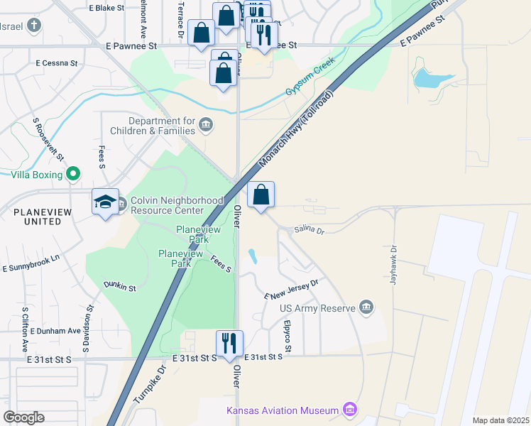 map of restaurants, bars, coffee shops, grocery stores, and more near 2876 George Washington Boulevard in Wichita