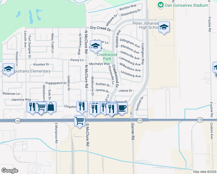 map of restaurants, bars, coffee shops, grocery stores, and more near 3617 Dothan Drive in Modesto