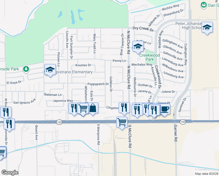 map of restaurants, bars, coffee shops, grocery stores, and more near 329 Goldrun Drive in Modesto