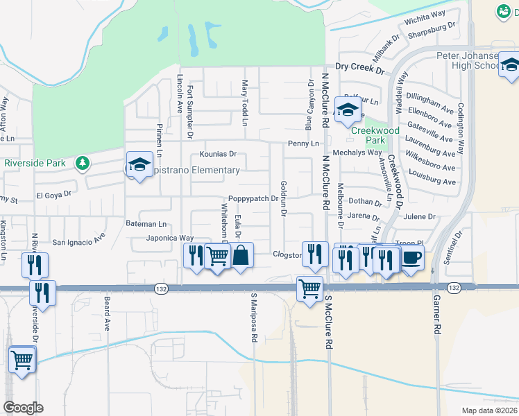 map of restaurants, bars, coffee shops, grocery stores, and more near 3216 Poppypatch Drive in Modesto