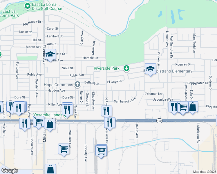 map of restaurants, bars, coffee shops, grocery stores, and more near 2600 El Goya Drive in Modesto