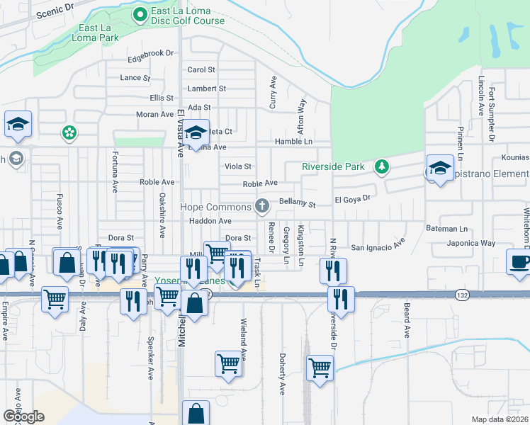 map of restaurants, bars, coffee shops, grocery stores, and more near 2401 Bellamy Street in Modesto