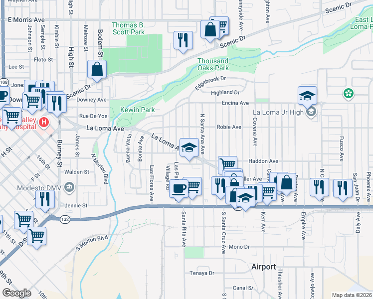 map of restaurants, bars, coffee shops, grocery stores, and more near 315 Wilson Avenue in Modesto