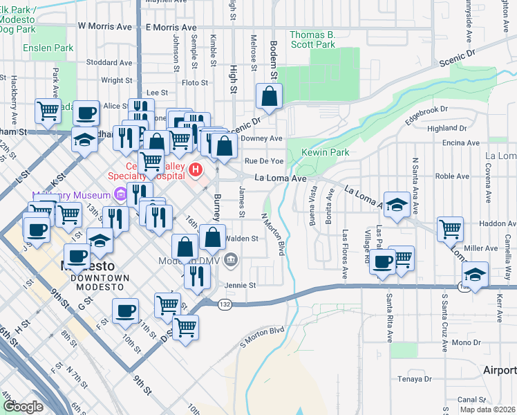 map of restaurants, bars, coffee shops, grocery stores, and more near 322 James Street in Modesto