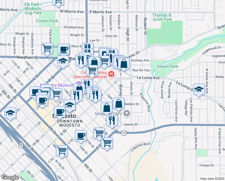 map of restaurants, bars, coffee shops, grocery stores, and more near 701 17th Street in Modesto