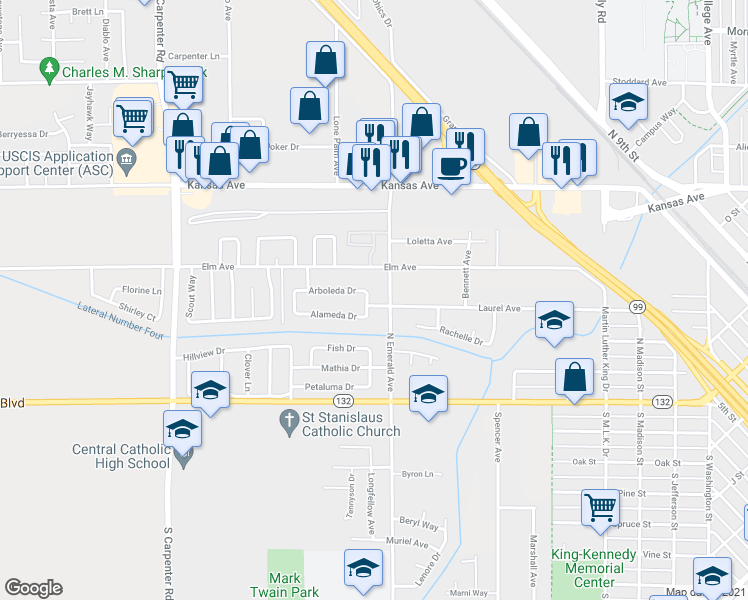 map of restaurants, bars, coffee shops, grocery stores, and more near 411 North Emerald Avenue in Modesto