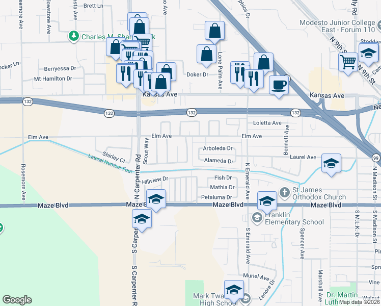 map of restaurants, bars, coffee shops, grocery stores, and more near 404 Sundance Way in Modesto