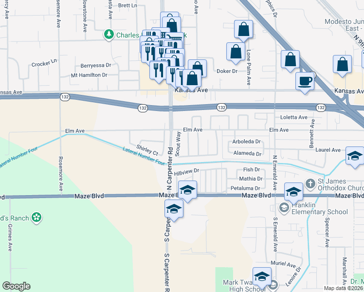 map of restaurants, bars, coffee shops, grocery stores, and more near 405 Boone Way in Modesto