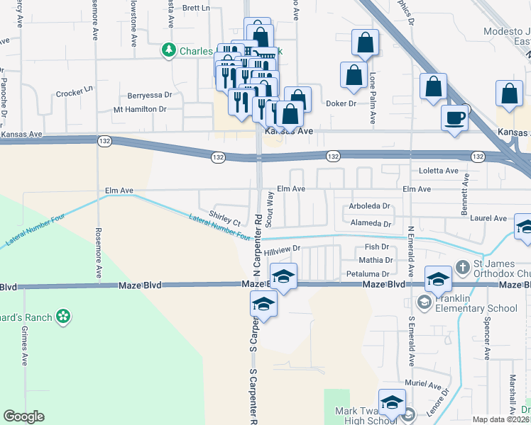 map of restaurants, bars, coffee shops, grocery stores, and more near 1608 Shirley Court in Modesto