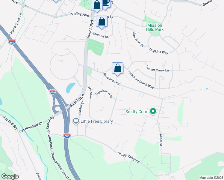 map of restaurants, bars, coffee shops, grocery stores, and more near 535 Sycamore Road in Pleasanton