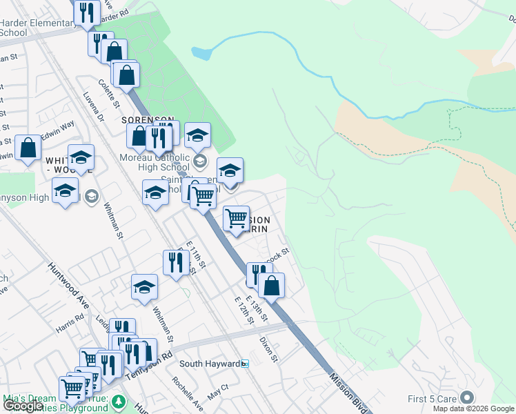 map of restaurants, bars, coffee shops, grocery stores, and more near 888 Kellogg Avenue in Hayward