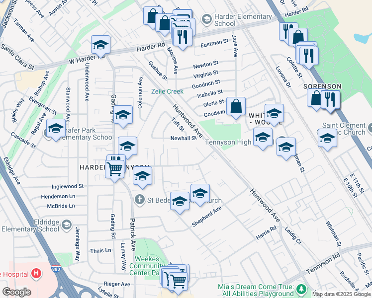 map of restaurants, bars, coffee shops, grocery stores, and more near 56 Newhall Street in Hayward