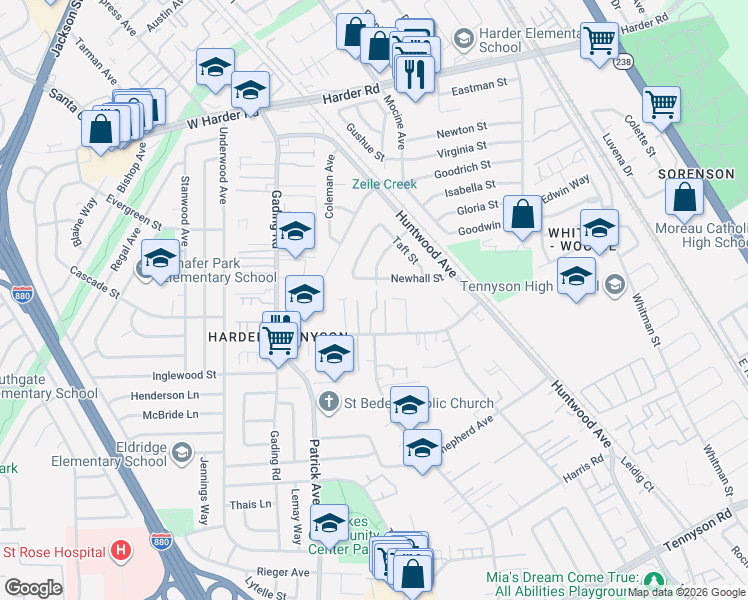 map of restaurants, bars, coffee shops, grocery stores, and more near 234 Newhall Street in Hayward
