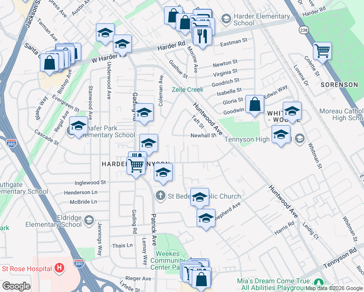 map of restaurants, bars, coffee shops, grocery stores, and more near 234 Newhall Street in Hayward