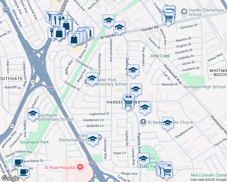 map of restaurants, bars, coffee shops, grocery stores, and more near 26340 Underwood Avenue in Hayward