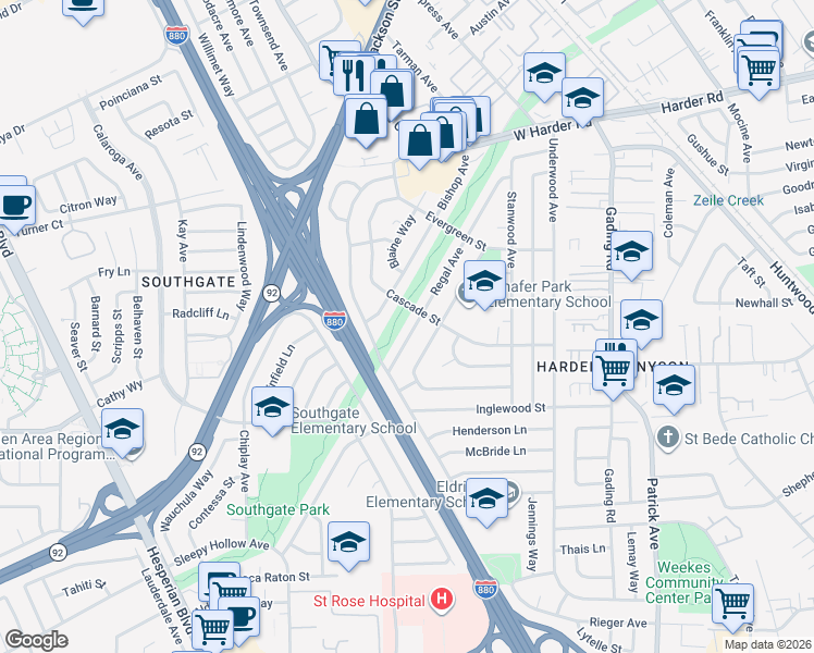 map of restaurants, bars, coffee shops, grocery stores, and more near 26313 Regal Avenue in Hayward