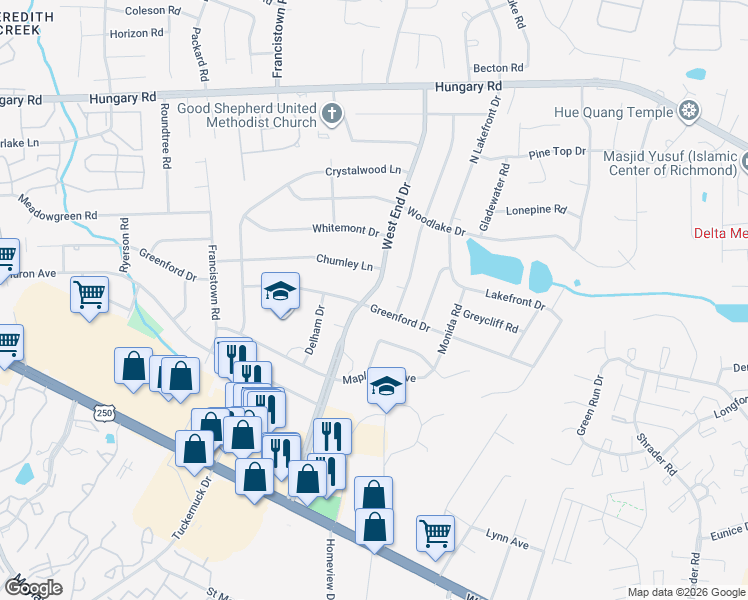 map of restaurants, bars, coffee shops, grocery stores, and more near 3907 West End Drive in Richmond