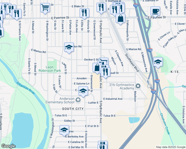 map of restaurants, bars, coffee shops, grocery stores, and more near 2755 Greenwood Street in Wichita