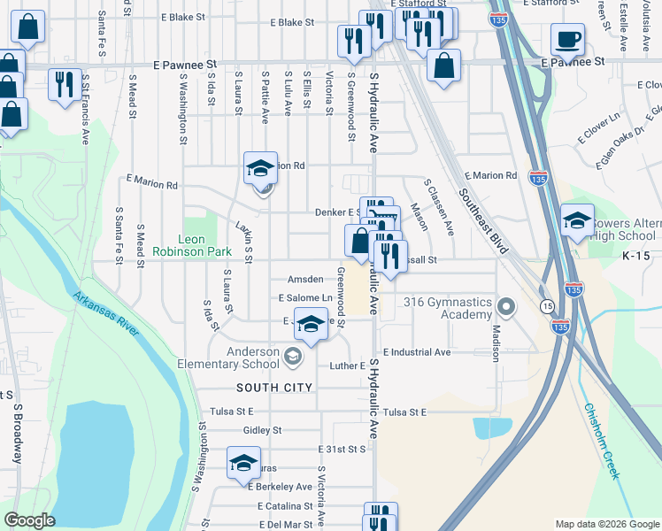 map of restaurants, bars, coffee shops, grocery stores, and more near 2755 Greenwood Street in Wichita
