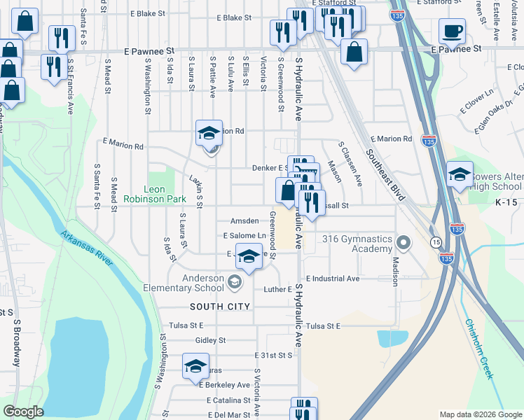 map of restaurants, bars, coffee shops, grocery stores, and more near 1422 East Wassall Street in Wichita